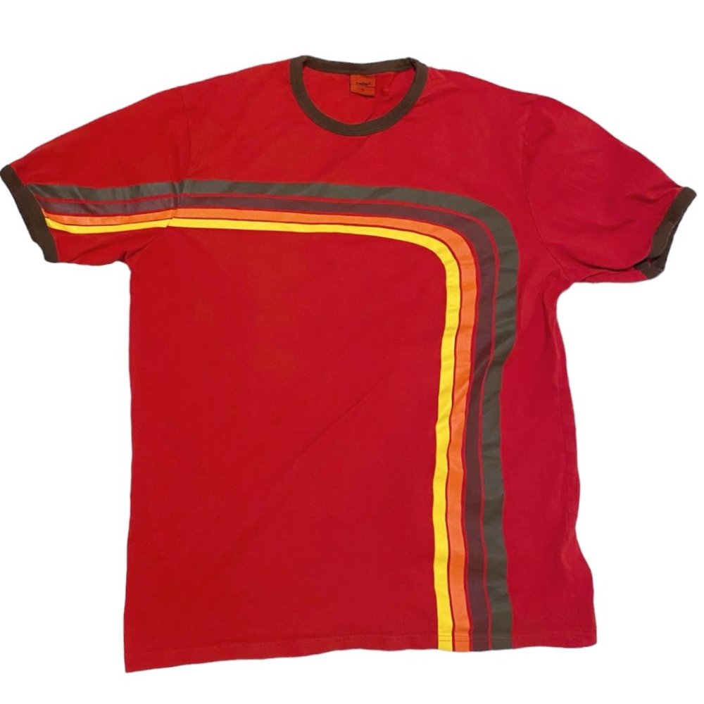Vintage Red Short Sleeve Tee with Yellow and Brown Retro Stripes